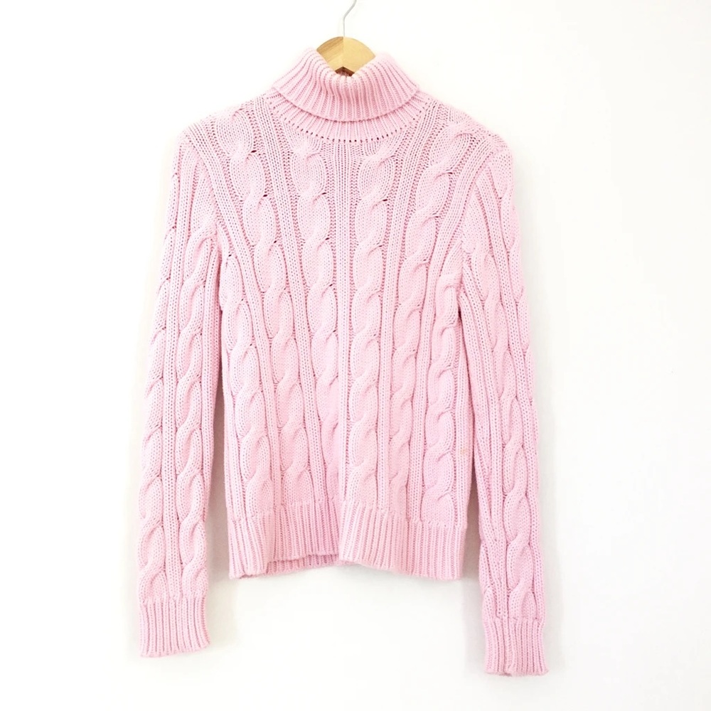 Ralph Lauren Pink Cashmere Wool Cable Knit Turtleneck Sweater